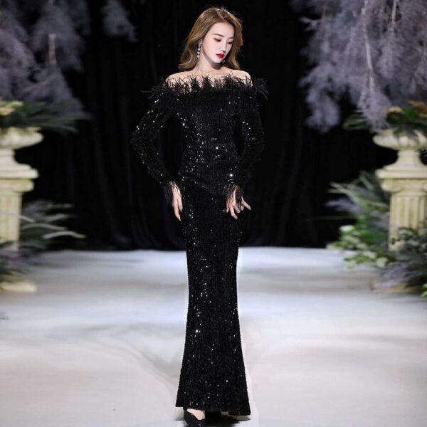 Vestido Madrinha Preto Elegante Brilho Manga Longa