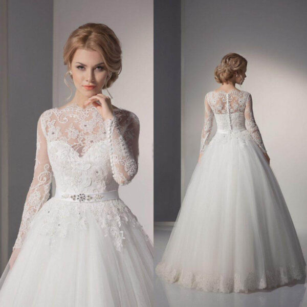 Vestido de Noiva Princesa Renda Francesa Bordados Manga Longa