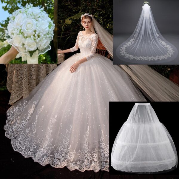 Kit Completo Noiva: Vestido Princesa com Saiote de 3 Aros + Véu de 3 Metros + Buquê
