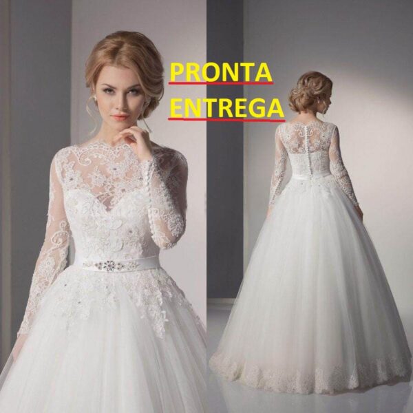 Vestido de Noiva Princesa Renda Francesa Bordados Manga Longa Pronta Entrega