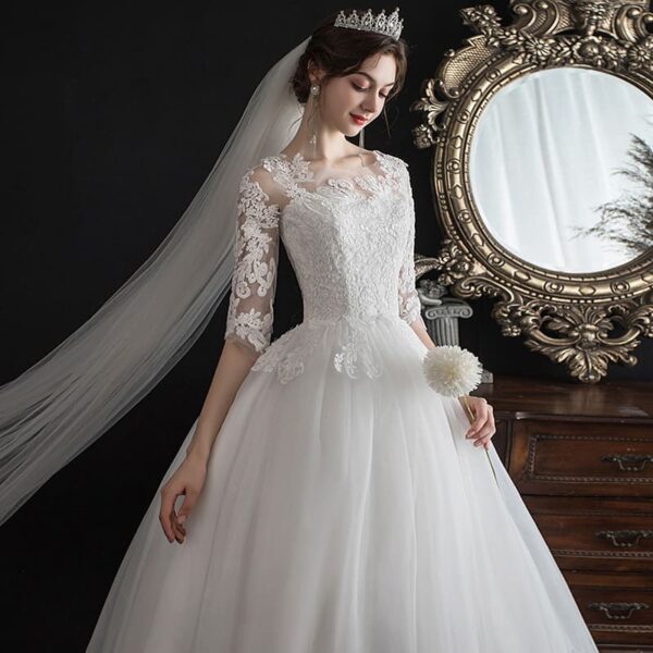Vestido de Noiva Simples Princesa Meia Manga Rendado